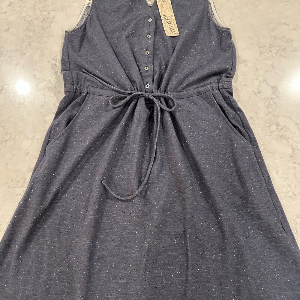 Mystree Navy Speckled Casual Cotton Button-Front Midi Dress with Tie Waist